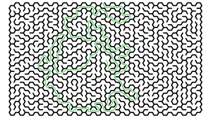 Hexagonal maze in form of rectangle with solution. Vector.