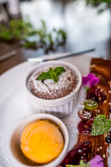 Chocolate souffle and ice cream
