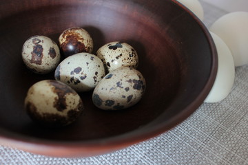 Obraz premium Quail eggs in a brown ceramic bowl and white chicken eggs on a white texture background