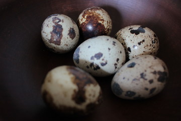 Closeup of quail eggs on a brown background