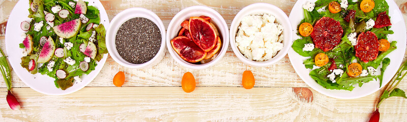 Banner of Mix salads. Vegan, vegetarian, clean eating, dieting, food concept.