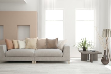 Modern living room in white color with sofa. Scandinavian interior design. 3D illustration