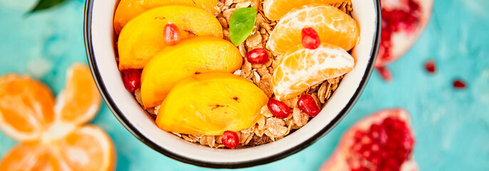 Banner of Tropical fruit Breakfast homemade granola yogurt. Healthy