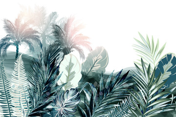 Tropical vector background or wallpaper poster with palm treed and green leaves, watercolor realistic style © Mary fleur