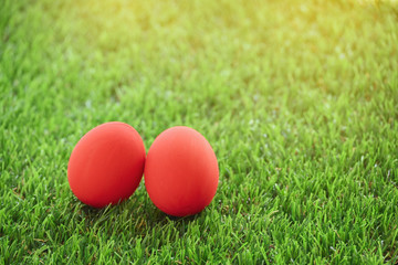 Fototapeta na wymiar red easter egg on lawn green grass artificial, image of morning springtime concept