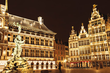 Night landscape of main market square in Antwerp, Belgium with a lot of lights on guildhouses and other buildings. Antwerpen famous popular tourist travel destination
