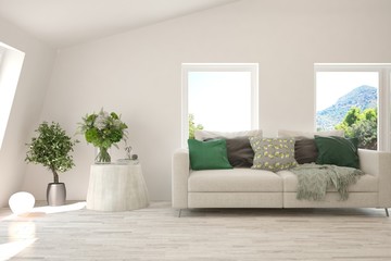 Minimalist living room in white color with sofa and summer landscape in window. Scandinavian interior design. 3D illustration
