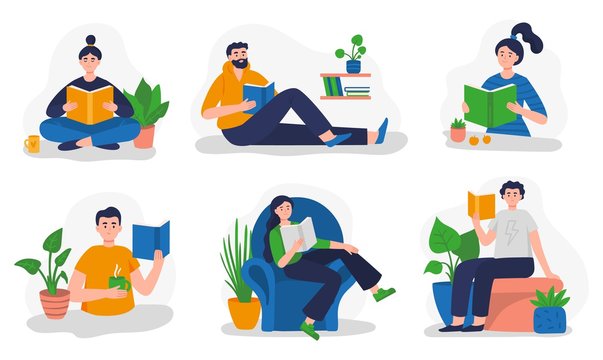 People reading books in different places. Set of Vector illustration in modern flat style can be used by libraries, book fairs, stores, schools or e-commerce.