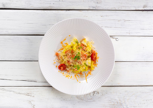 Smoked Cheese Risotto And Salted Salmon On White Wood Background. Top View.