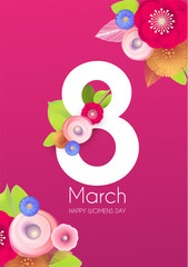 8 march, international women s day poster template with flowers. Spring design.