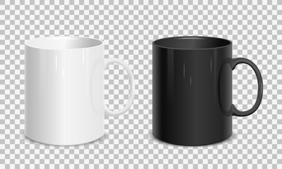 Realistic white and black cups. Template for mock up.