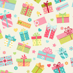 Seamless pattern with cute colorful gift boxes. Wrapping paper design. Vector illustration in cartoon style
