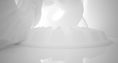 Abstract architectural background, white interior with discs. 3D illustration and rendering.