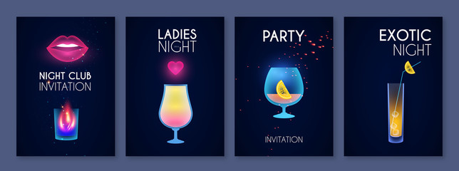 Cocktail party poster template set. Cool bar menu. Neon shining flyer design.
