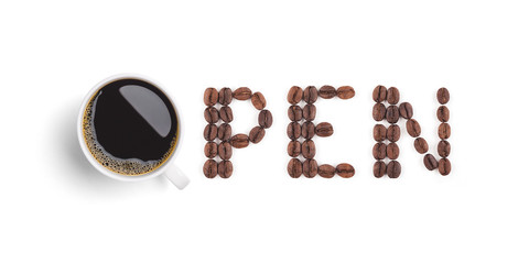 Close-up and top view 'OPEN' sign of roasted coffee beans arranged in letters with hot coffee cup on white background for coffee shop signs