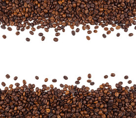 Close-up and top view of roasted Thai coffee beans and empty area for copy space on white background for used as background, backdrop or banner