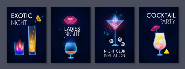 Cocktail party poster template set. Cool bar menu. Neon shining flyer design.