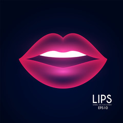 Neon shining pink sexy lips. Erothic symbol. Beauty design.