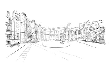 Durham Castle. Durham. England. Great Britain. Europe. Hand drawn sketch. Vector illustration.