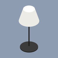 Table lamp with white round lampshade on black base. Vector isometric illustration. 3D flat style vector illustration. Table lamp in isometric isolated on blue grey background