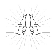 Vector black line icon two hands holding a bottle. Isolated on white background.