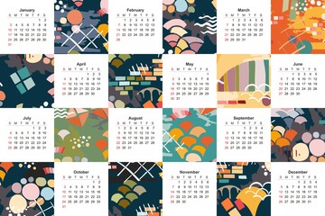 Colorful calendar for 2021 year. Original design with bright abstract patterns.