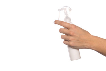 Cleaning, hand holding spray bottles isolated against white background.