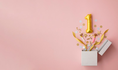 Number 1 birthday balloon celebration gift box lay flat explosion - obrazy, fototapety, plakaty