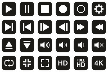 Video & Audio & Camera Button Icons White On Black Flat Design Set Big