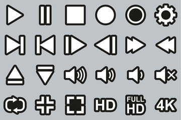 Video & Audio & Camera Button Icons White On Black Sticker Set Big