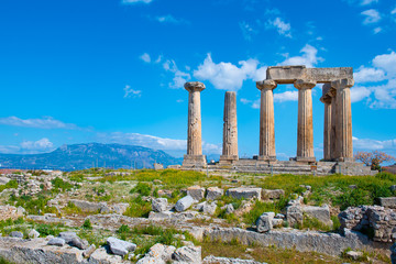 Beautiful landscape view on ruins of Apollo Temple of Ancient Corinth, Greece.