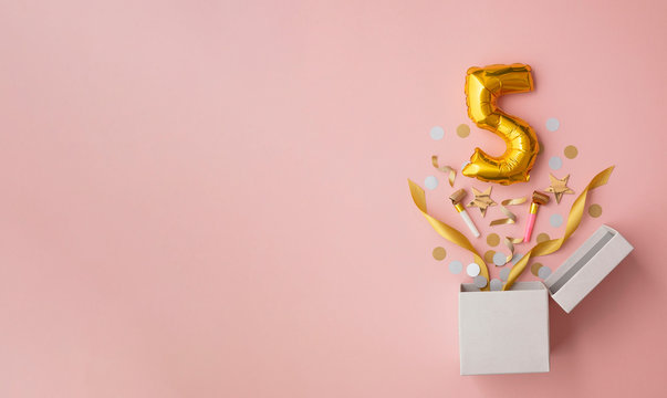 Number 5 birthday balloon celebration gift box lay flat explosion
