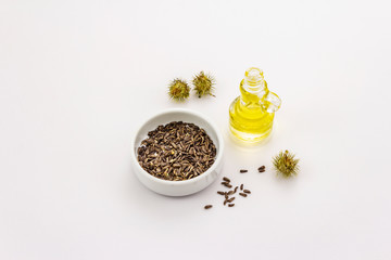 Burdock oil and seeds isolated on white background. Beauty and personal care concept