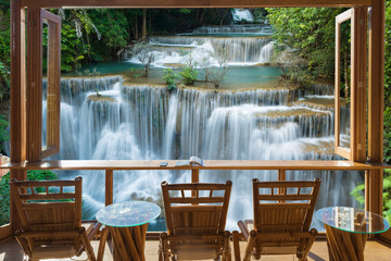 water fall in the rain forest view from the windown 