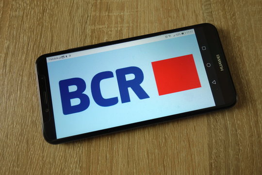 KONSKIE, POLAND - March 11, 2019: BCR Chisinau bank logo displayed on smartphone