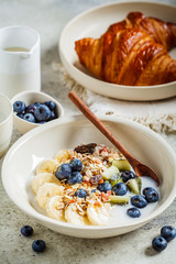 Breakfast muesli with fruits and croissants, gray background.
