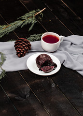 Chocolate fondant with ganache and a cup of tea
