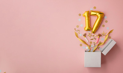 Number 17 birthday balloon celebration gift box lay flat explosion - obrazy, fototapety, plakaty