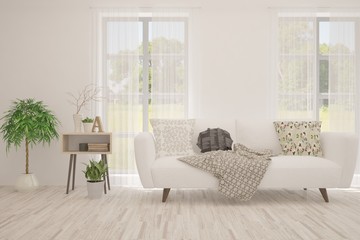 Modern living room in white color with sofa. Scandinavian interior design. 3D illustration