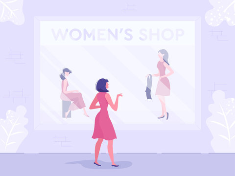 Woman Choosing Clothes on Mannequin at Front Shop Window. Female Character Standing near Showcase in Mall. Store with Modern Things. Stylish Boutique with Dress and Shoes. Flat Vector Illustration.
