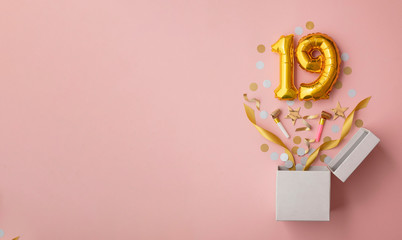 Number 19 birthday balloon celebration gift box lay flat explosion
