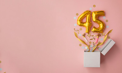 Number 45 birthday balloon celebration gift box lay flat explosion