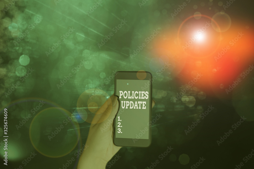 Poster word writing text policies update. business photo showcasing act of adding new information or guidel