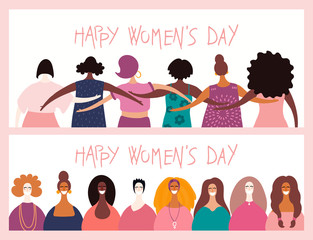 Set of womens day card, banner designs with beautiful diverse women and quotes. Hand drawn vector illustration. Flat style. Concept, element for feminism, girl power. Female cartoon characters.