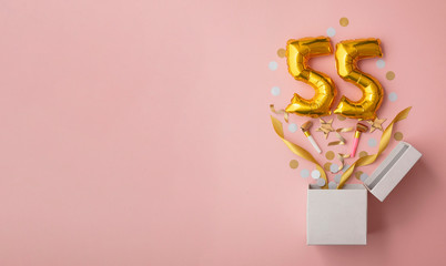 Number 55 birthday balloon celebration gift box lay flat explosion