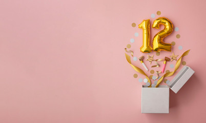 Number 12 birthday balloon celebration gift box lay flat explosion
