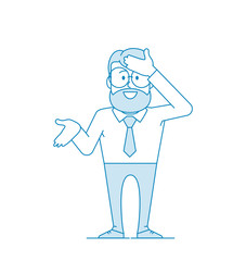 Character - a man in glasses and with a beard hits his forehead with his open hand. As I did not immediately guess, or how I could forget. Office worker in a tie. Illustration in line art. Vector
