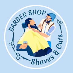 Professional Hair Stylist Cutting Beard to Man Customer Sitting in Armchair with Alcohol Drink in Glass at Barber Shop. Haircutter Shave and Cut in Barber Shop Cartoon Flat Vector Illustration, Banner