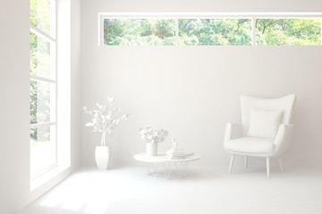 Mock up of stylish room in white color with armchair. Scandinavian interior design. 3D illustration