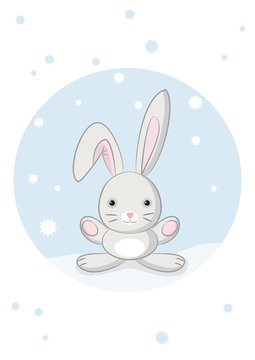 Cute cartoon bunny, rabbit, hare sitting on a snow. New Year and Christmas greeting card or poster. Hand drawn style. Vector illustration in cartoon style